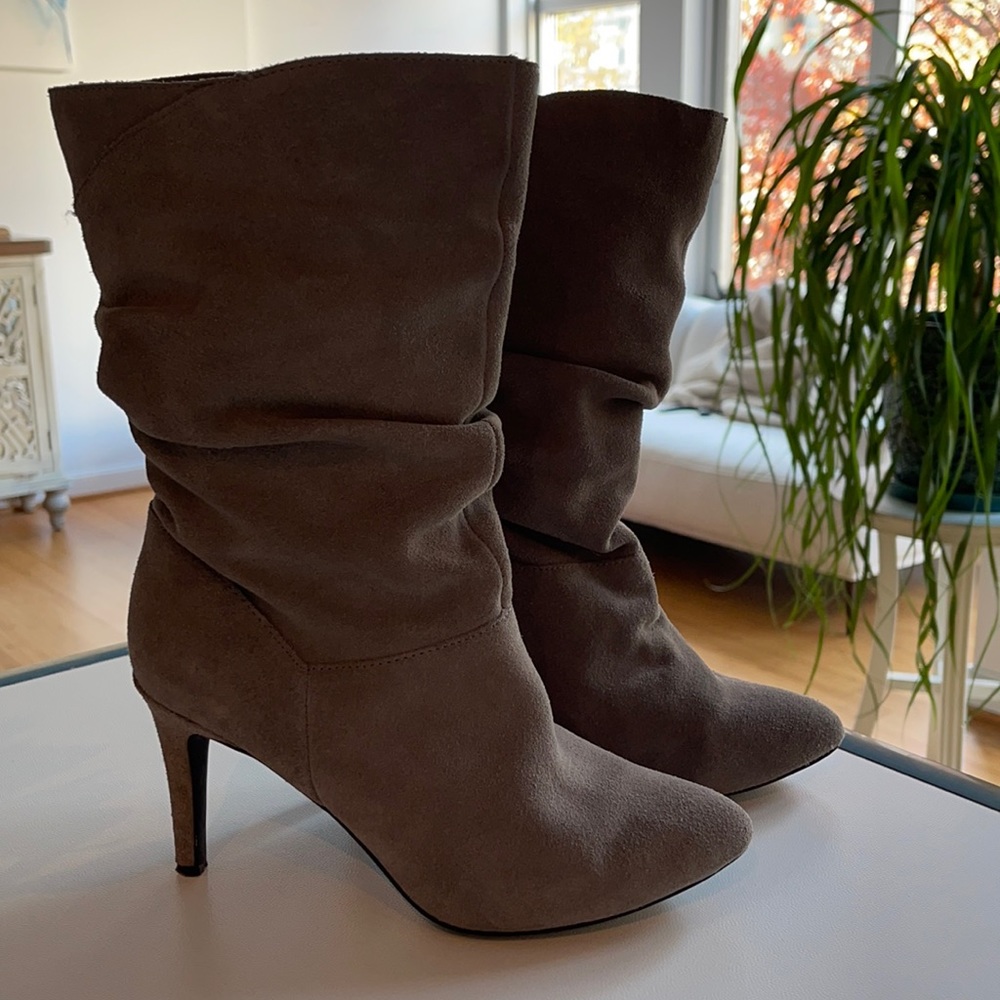 Audrey Brooke grey suede slouchy heeled boots